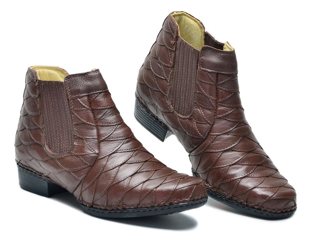 Bota Masculina Couro Escamado Cano Curto Conforto Palmilha Gel Solado Costurado Marrom Escuro 3