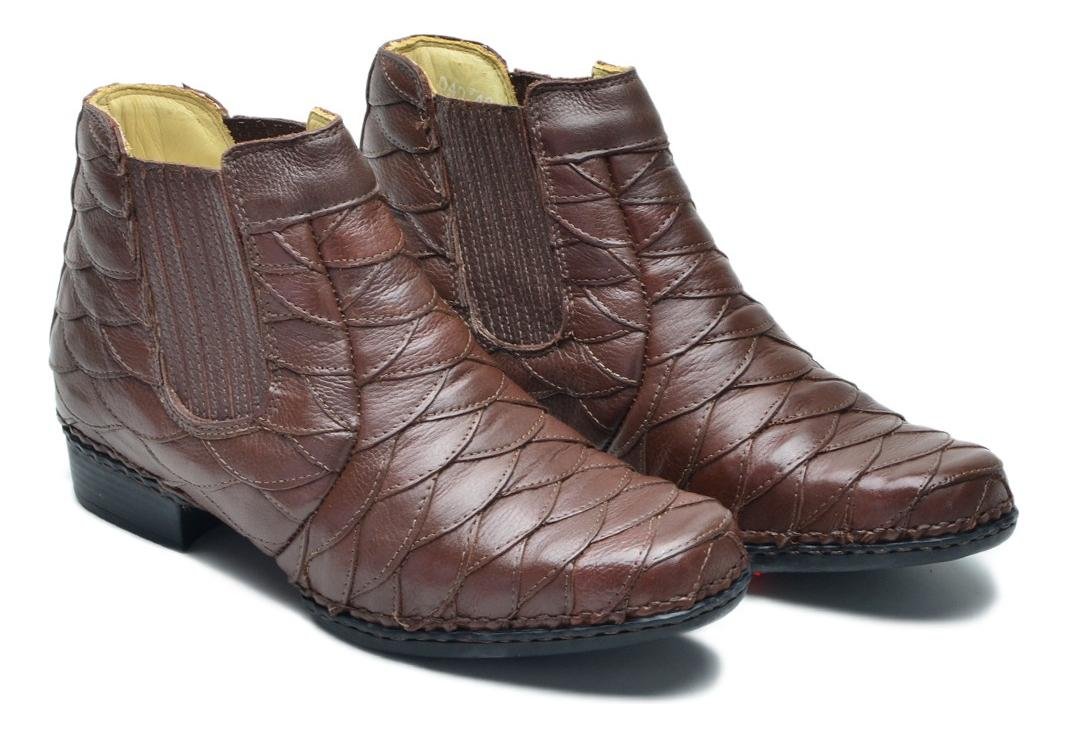 Bota Masculina Couro Escamado Cano Curto Conforto Palmilha Gel Solado Costurado Marrom Escuro 4