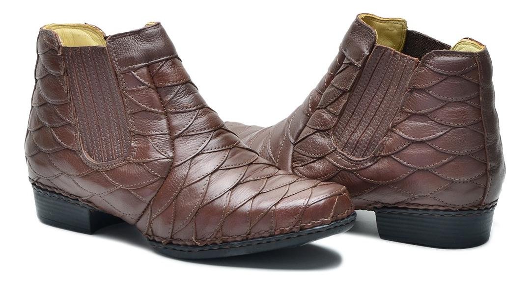 Bota Masculina Couro Escamado Cano Curto Conforto Palmilha Gel Solado Costurado Marrom Escuro 5