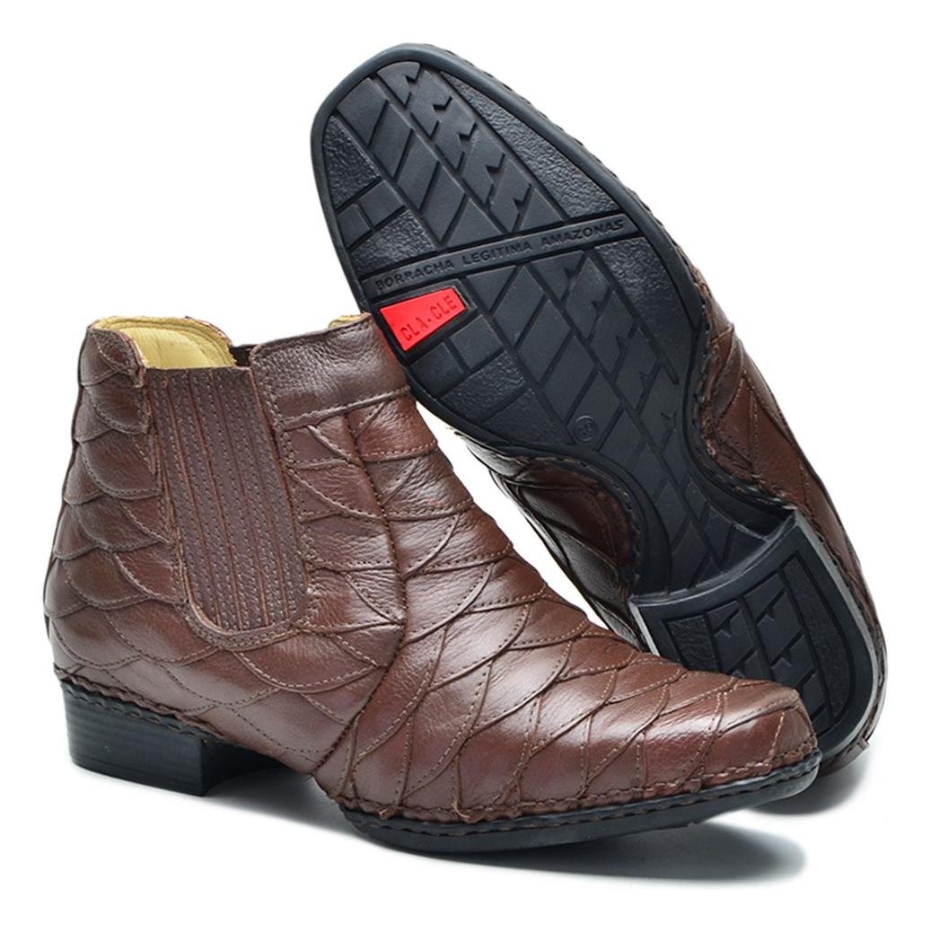 Bota Masculina Couro Escamado Cano Curto Conforto Palmilha Gel Solado Costurado Marrom Escuro 6