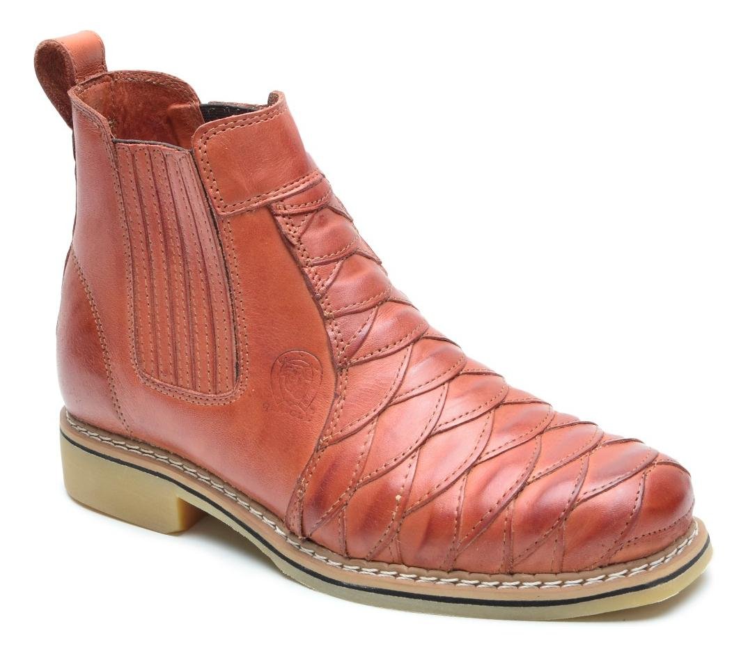 Bota Masculina Couro Escamado Cano Curto Estilo Texano Solado Borracha Costurado