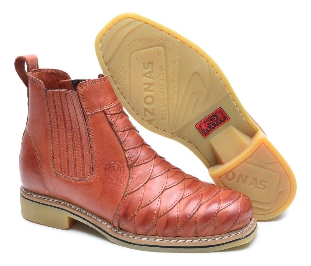 Bota Masculina Couro Escamado Cano Curto Estilo Texano Solado Borracha Costurado Marrom Claro 2
