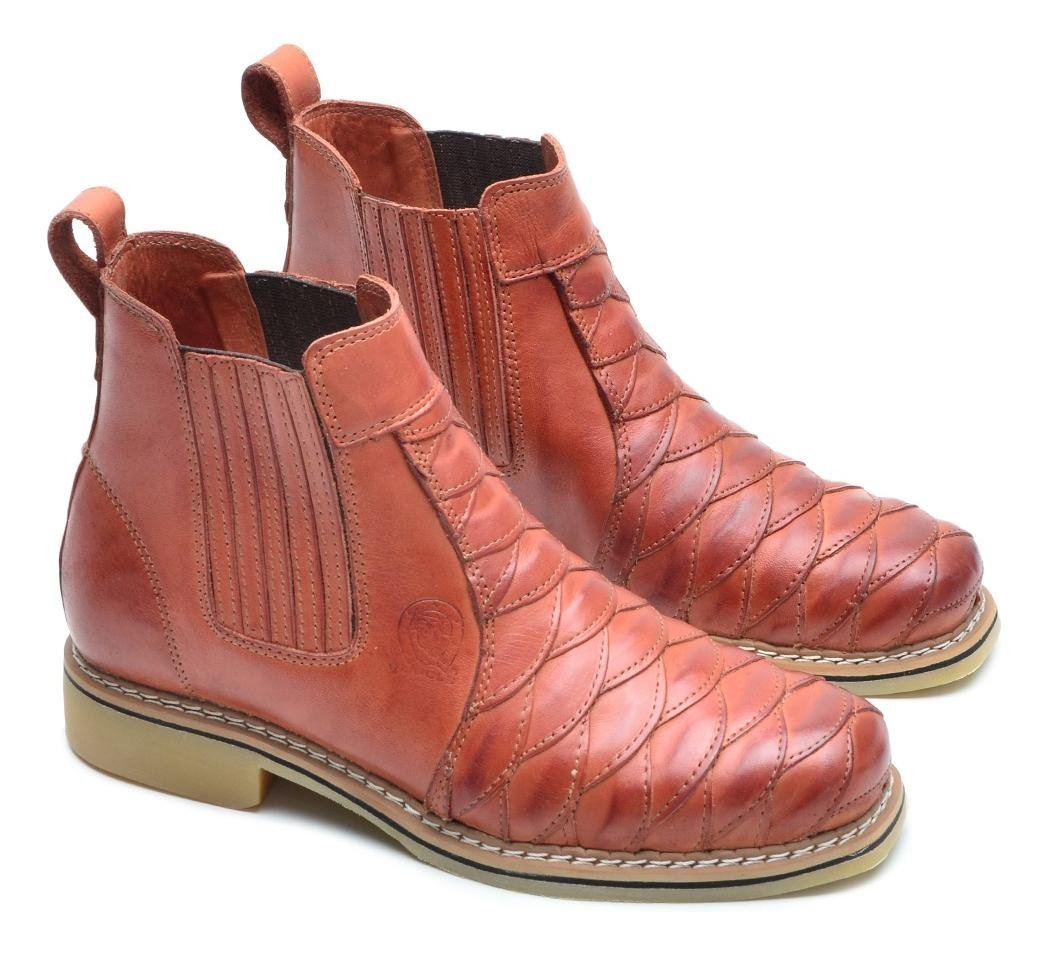 Bota Masculina Couro Escamado Cano Curto Estilo Texano Solado Borracha Costurado Marrom Claro 3
