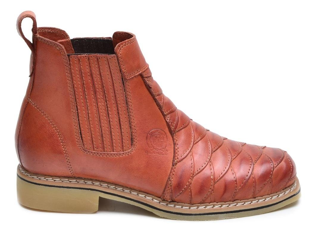 Bota Masculina Couro Escamado Cano Curto Estilo Texano Solado Borracha Costurado Marrom Claro 4