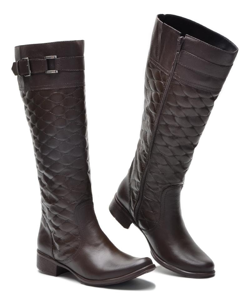 Bota Montaria Feminina Couro com Cano Alto Matelasse Conforto Marrom 3