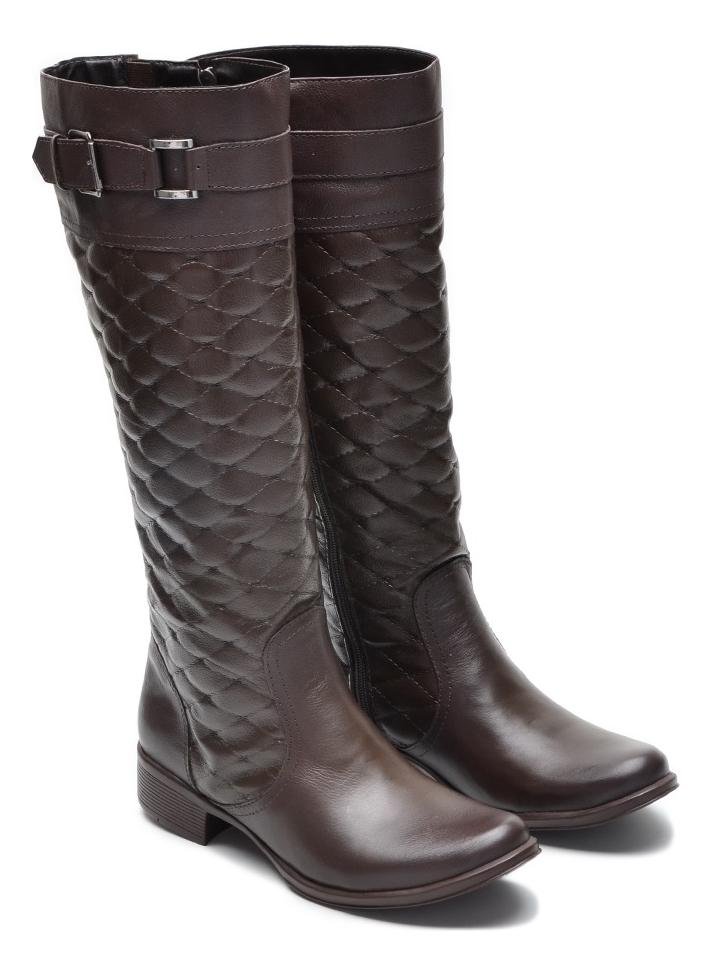 Bota Montaria Feminina Couro com Cano Alto Matelasse Conforto Marrom 4
