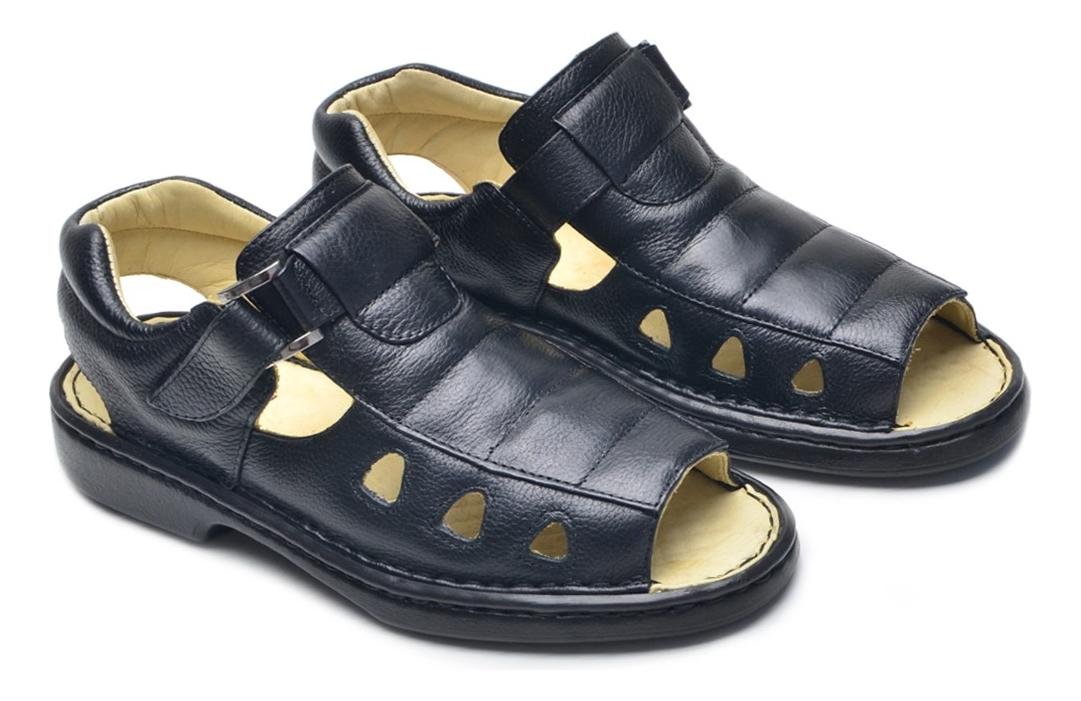 Sandalia Masculina Couro com Fechamento Ajustavel Conforto Preto 2