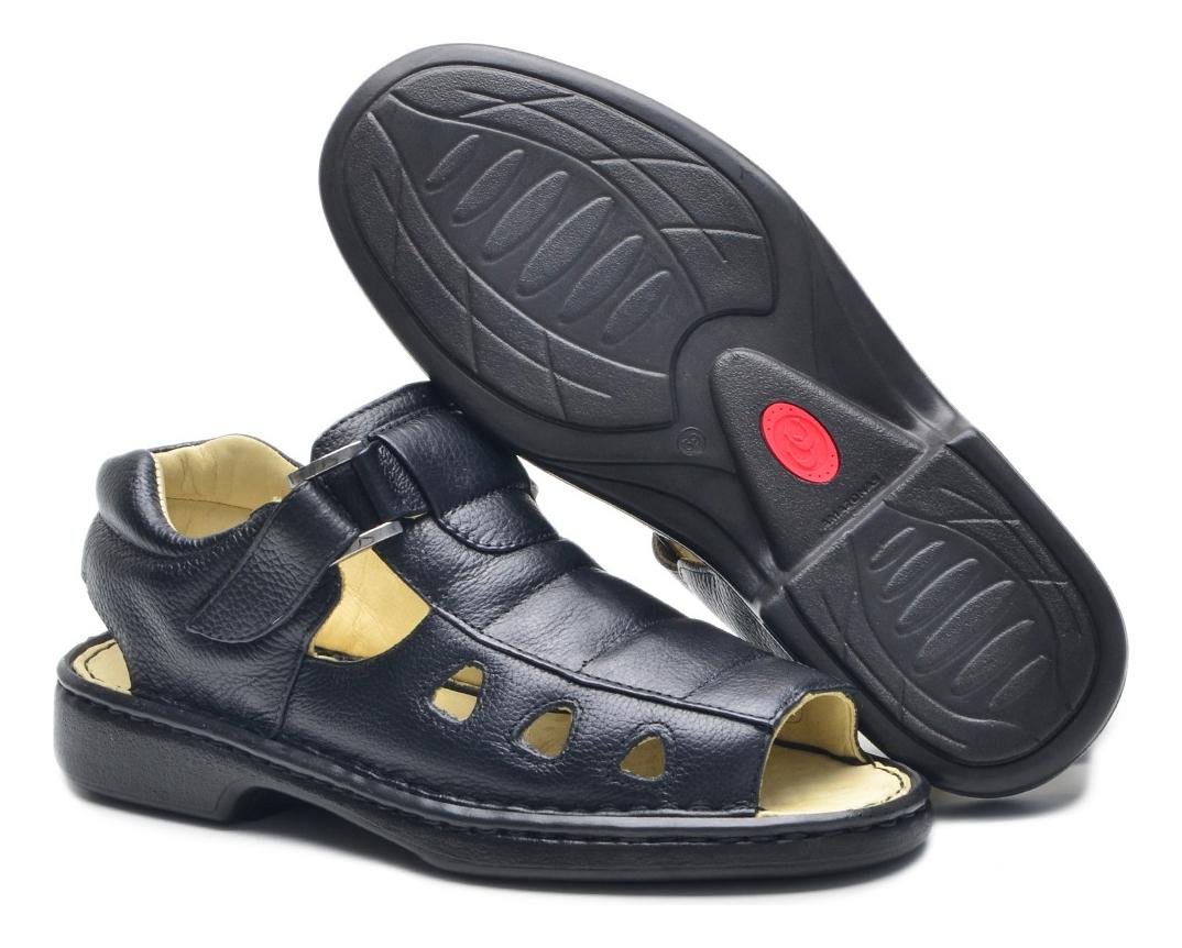 Sandalia Masculina Couro com Fechamento Ajustavel Conforto Preto 3
