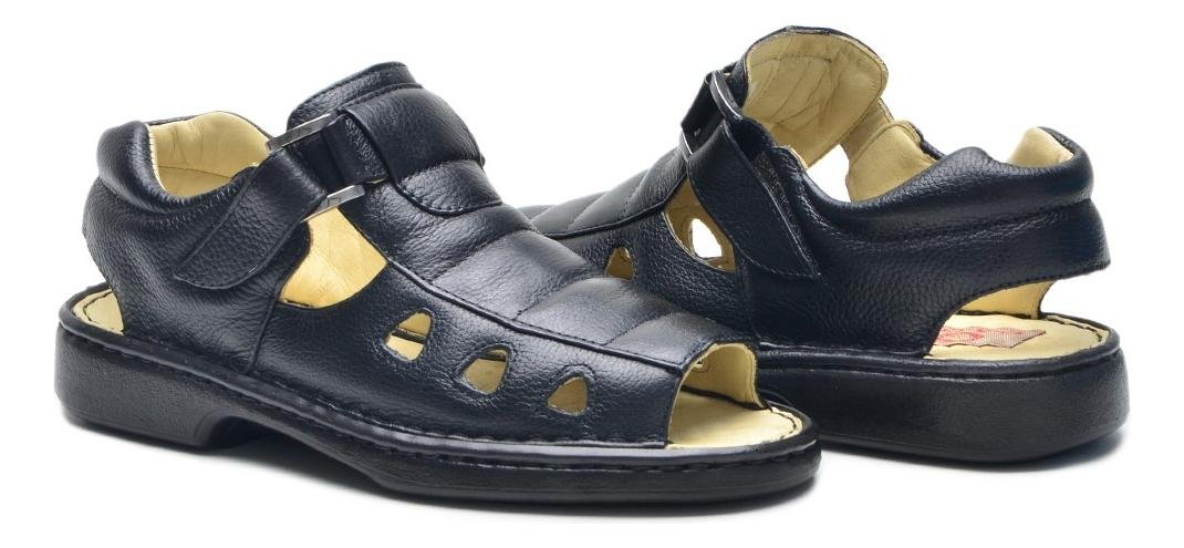 Sandalia Masculina Couro com Fechamento Ajustavel Conforto Preto 4