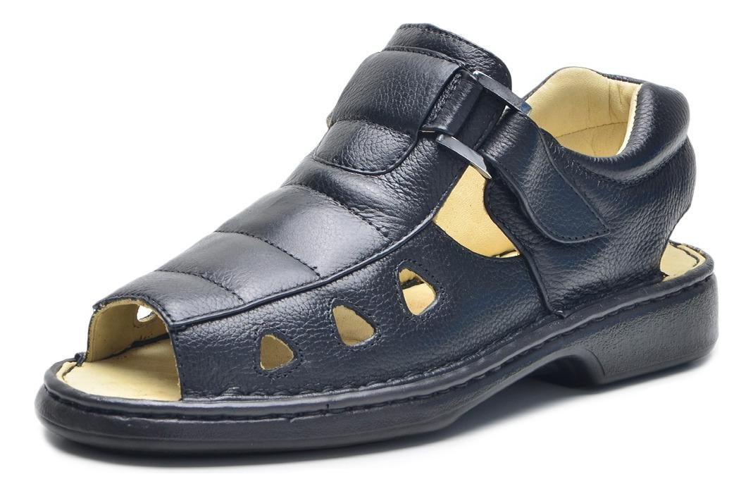 Sandalia Masculina Couro com Fechamento Ajustavel Conforto Preto 5