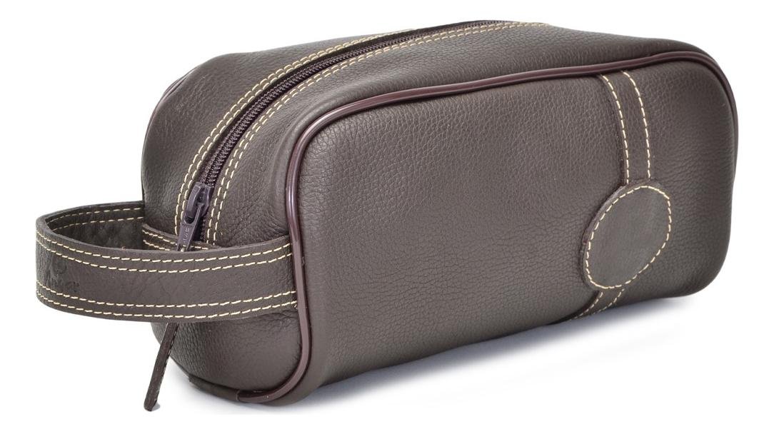 Necessaire Masculina Media Couro Fechamento com Ziper Marrom 3