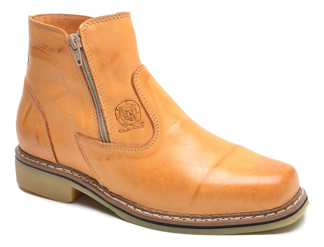Botina Unissex Couro Cano Curto com Ziper Lateral Solado Resistente Casual Bege 3