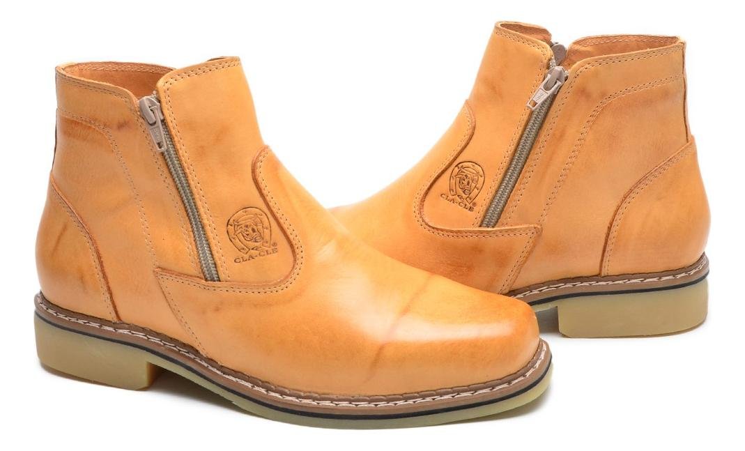 Botina Unissex Couro Cano Curto com Ziper Lateral Solado Resistente Casual Bege 5