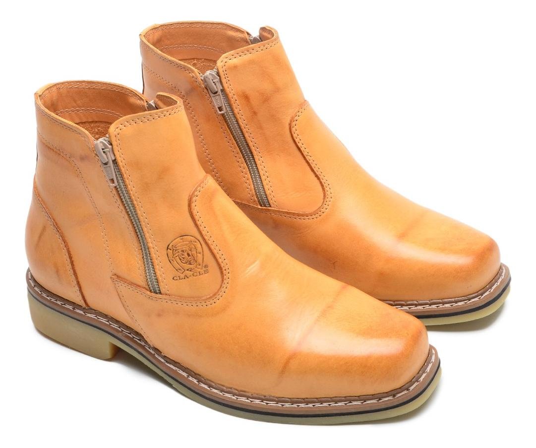 Botina Unissex Couro Cano Curto com Ziper Lateral Solado Resistente Casual Bege 6