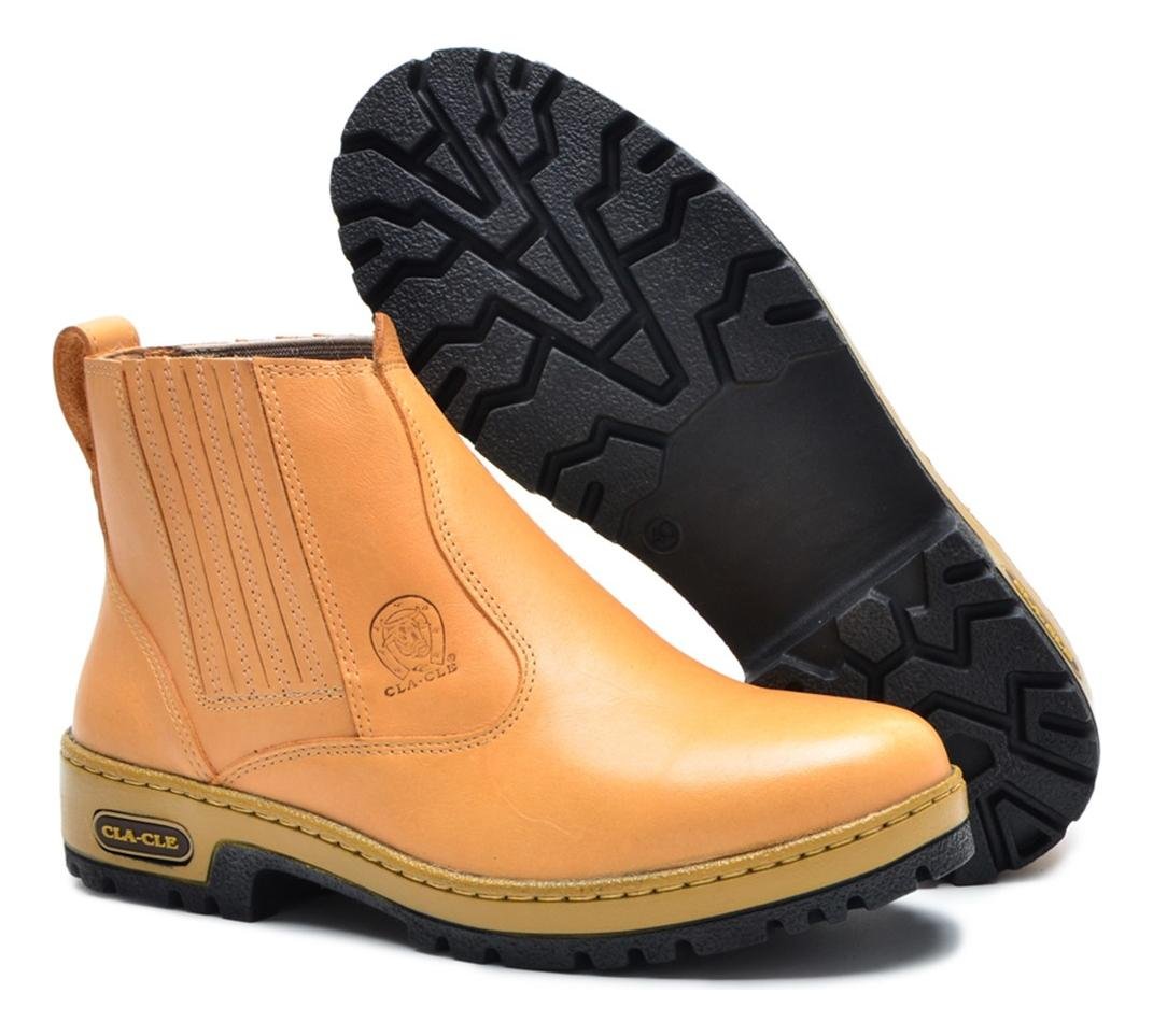 Botina Unissex Country Couro Cano Curto Conforto Casual Palmilha Gel Solado Borracha Bege 2