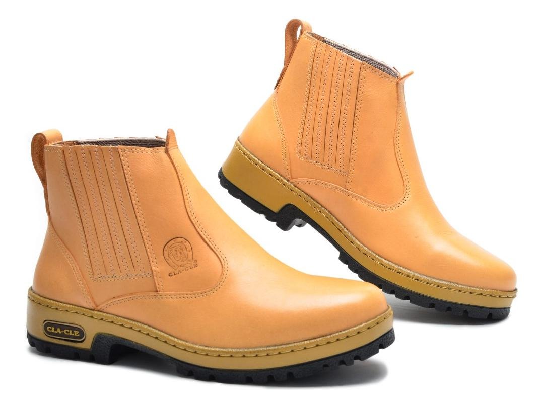 Botina Unissex Country Couro Cano Curto Conforto Casual Palmilha Gel Solado Borracha Bege 3