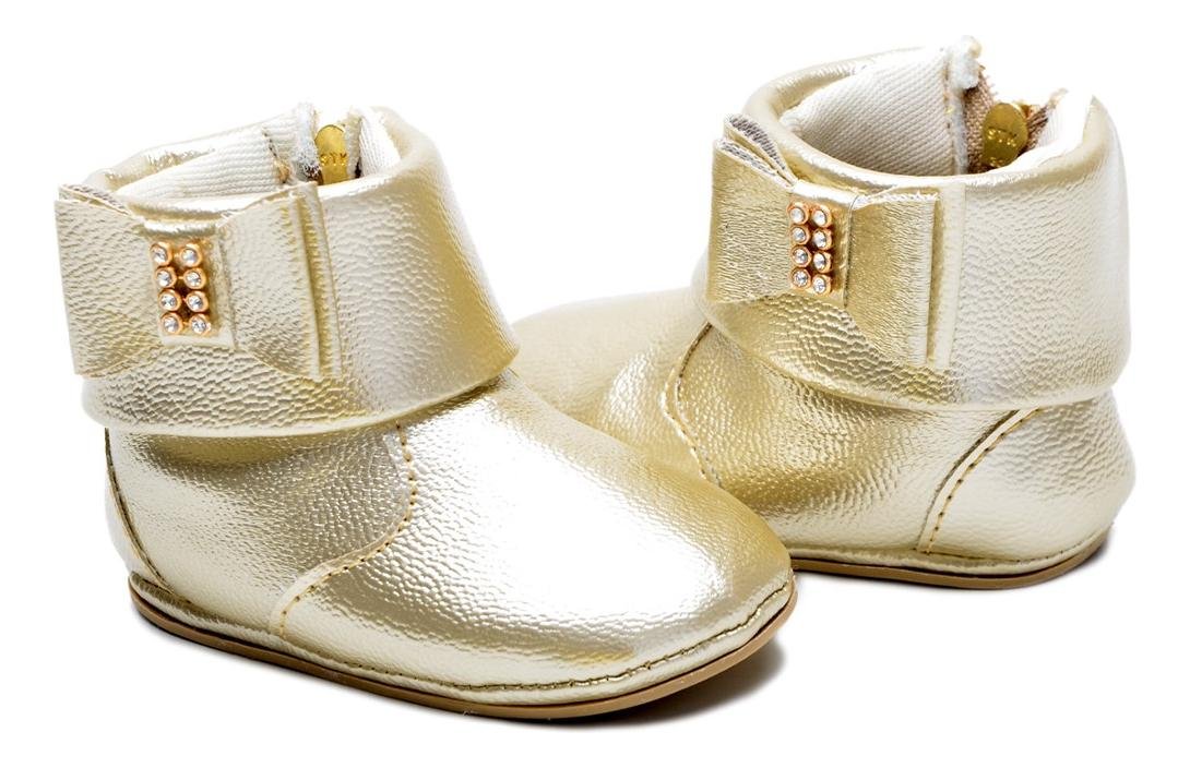 Botinha Infantil de Bebe Laco e Strass Conforto Dourado 3