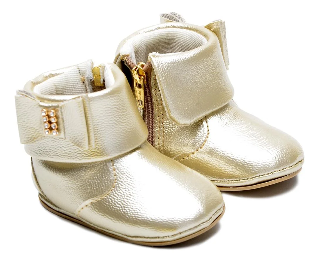 Botinha Infantil de Bebe Laco e Strass Conforto Dourado 4
