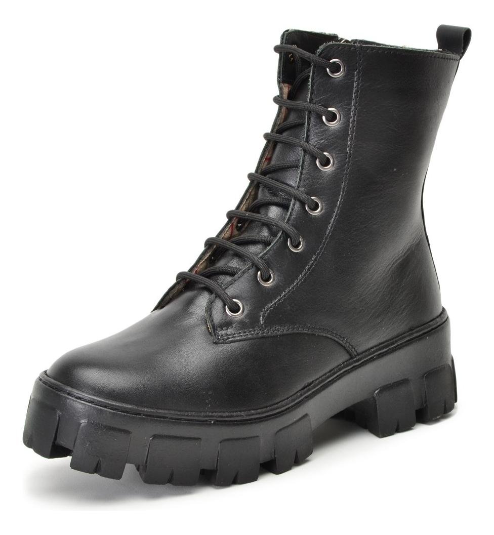 Coturno Feminino Cano Medio Couro Solado Tratorado Ziper Lateral Conforto