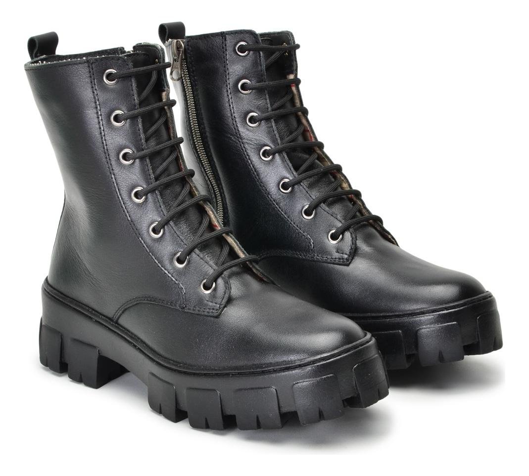 Coturno Feminino Cano Medio Couro Solado Tratorado Ziper Lateral Conforto Preto 3