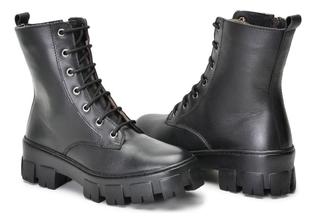 Coturno Feminino Cano Medio Couro Solado Tratorado Ziper Lateral Conforto Preto 4