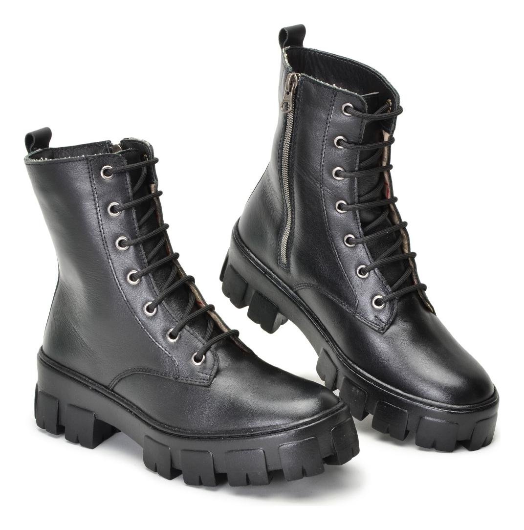 Coturno Feminino Cano Medio Couro Solado Tratorado Ziper Lateral Conforto Preto 5