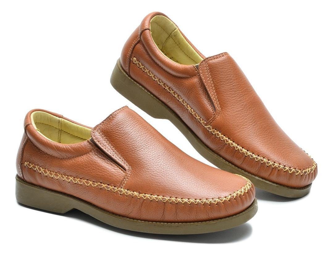 Mocassim Couro Masculino Conforto com Elastico Lateral Casual Marrom Claro 5