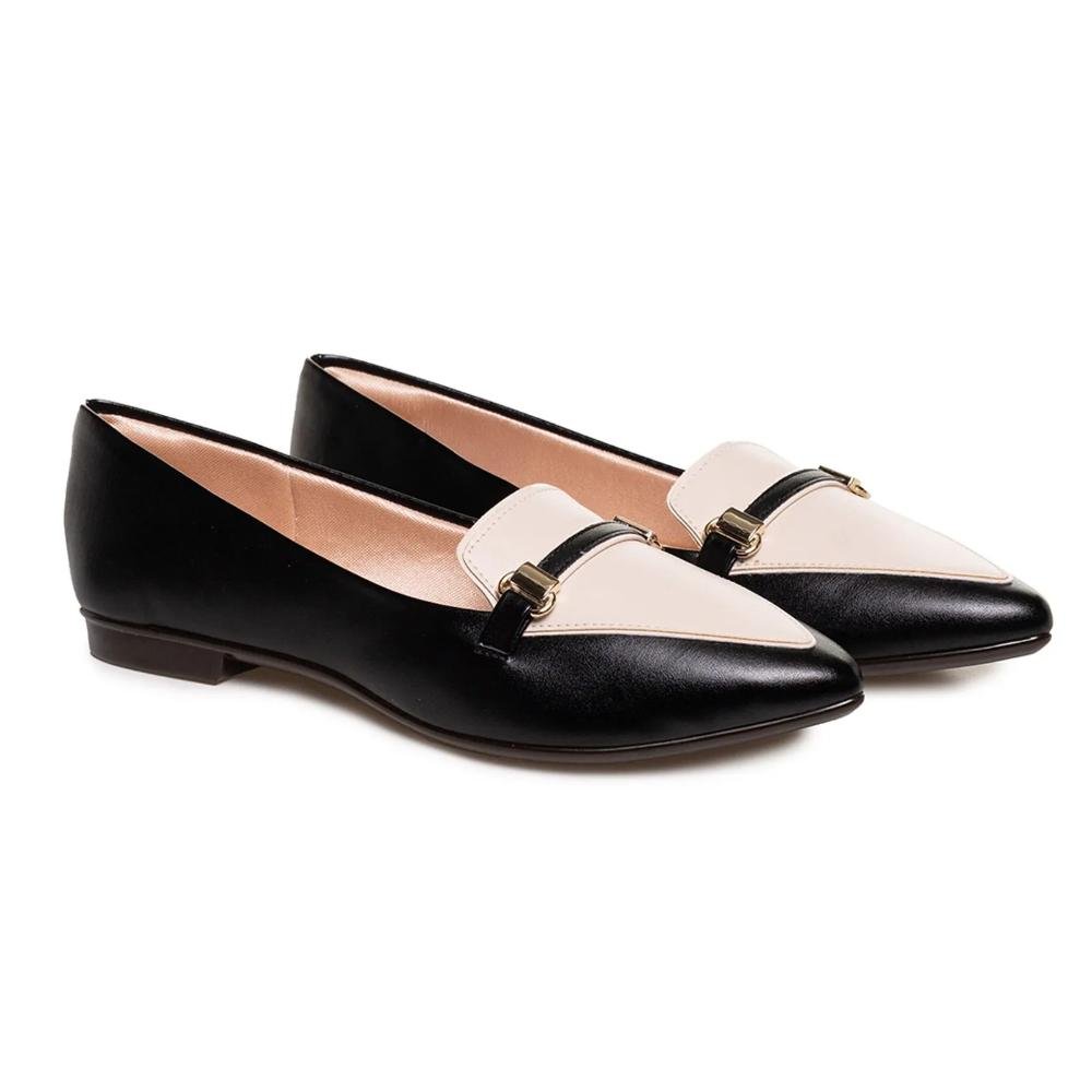 Sapato Mocassim Light Gel Bico Fino Fivela Feminino Preto/Branco 2