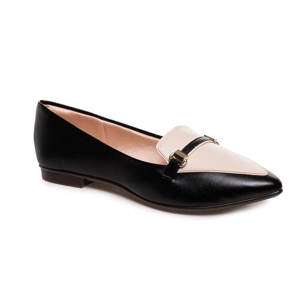 Sapato Mocassim Light Gel Bico Fino Fivela Feminino Preto/Branco 3