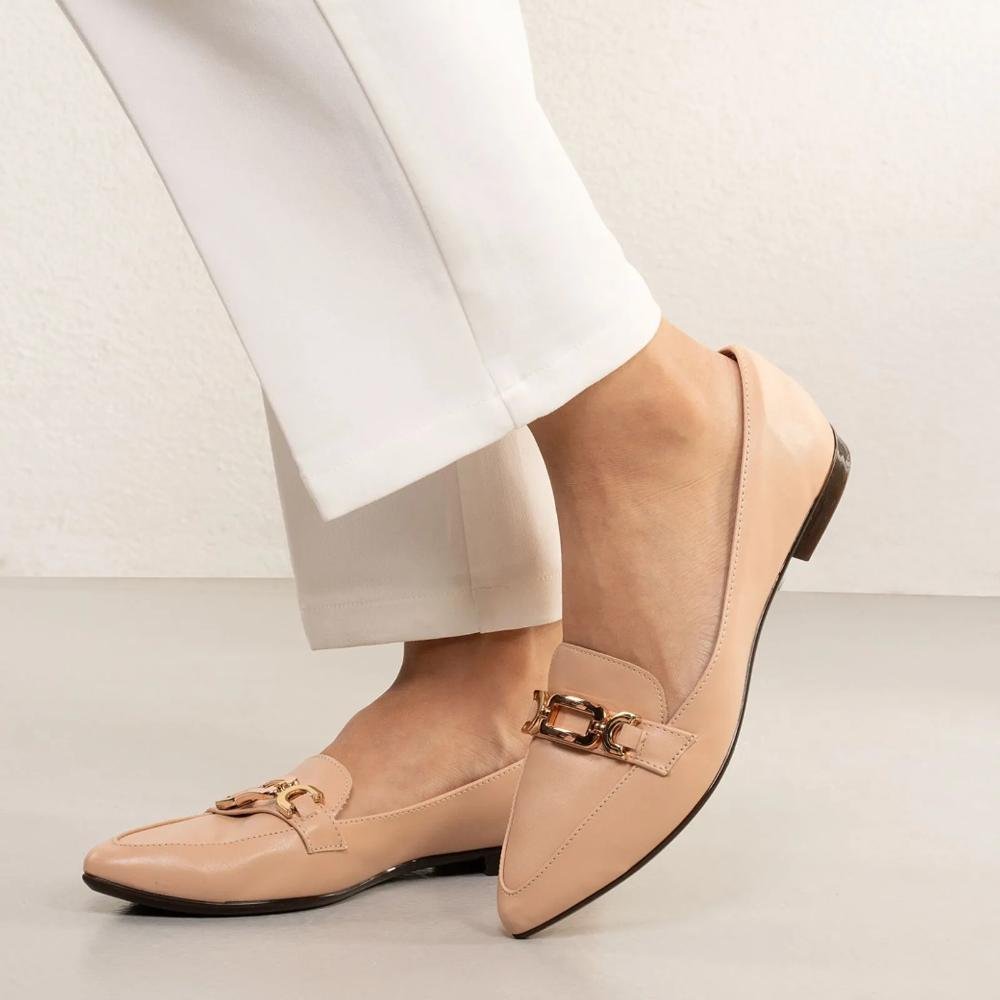 Sapato Mocassim Light Gel Bico Fino Fivela Feminino Bege 7