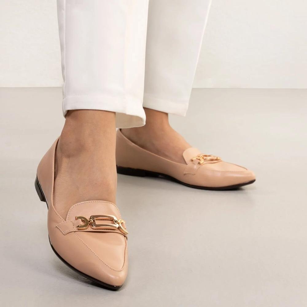 Sapato Mocassim Light Gel Bico Fino Fivela Feminino Bege 8
