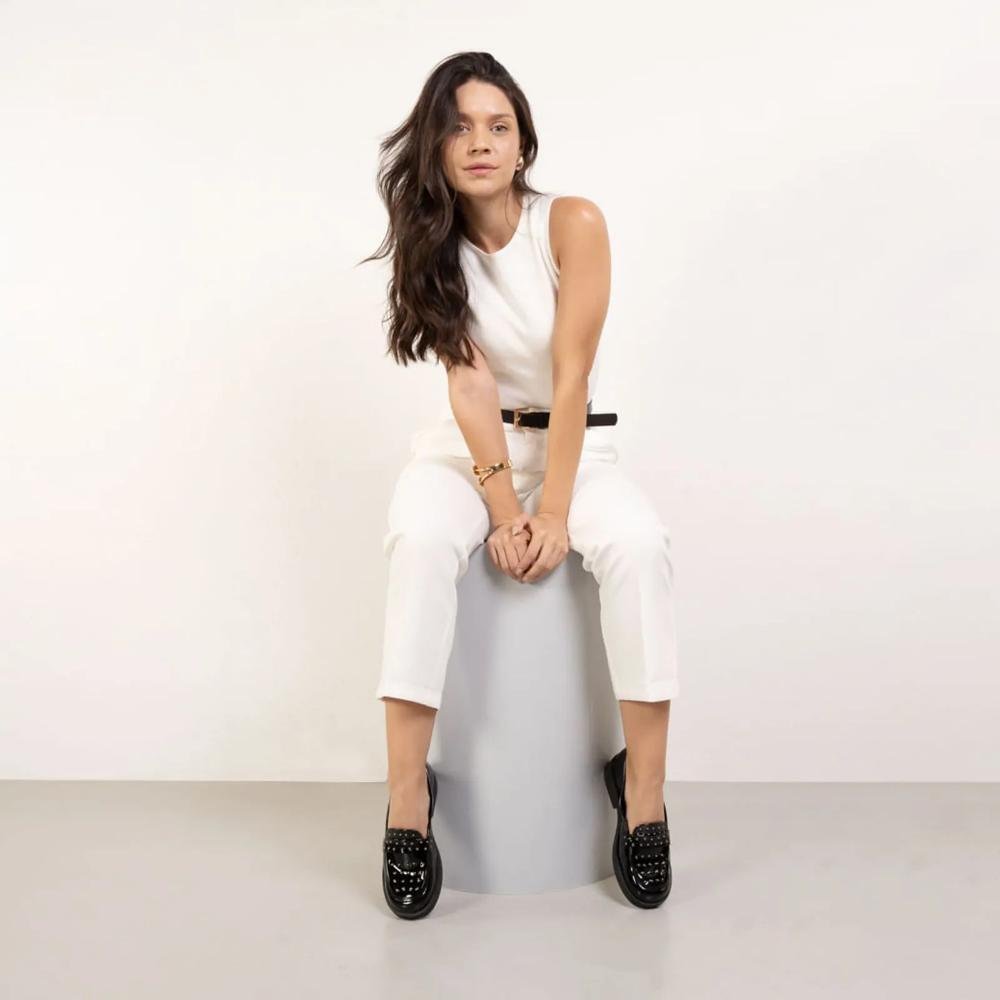 Sapato Mocassim Quiz Spike Verniz Feminino Preto 9