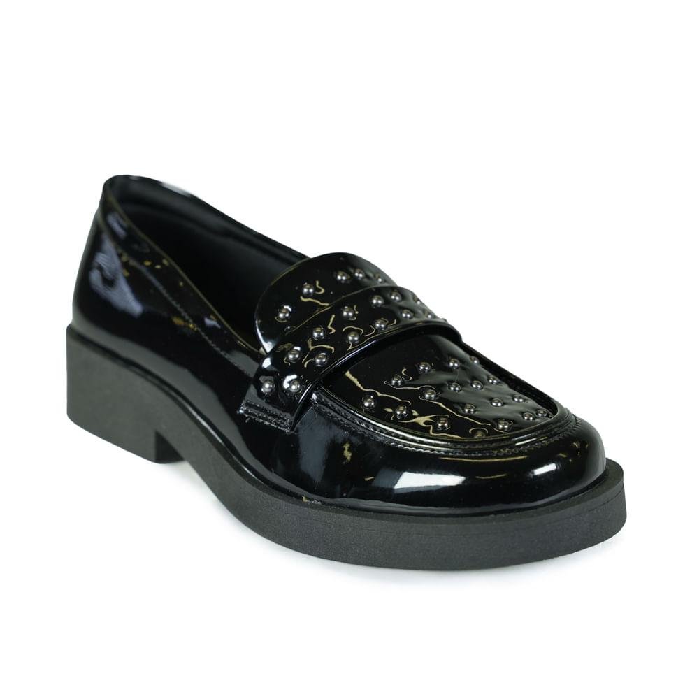 Sapato Mocassim Quiz Spike Verniz Feminino Preto 2