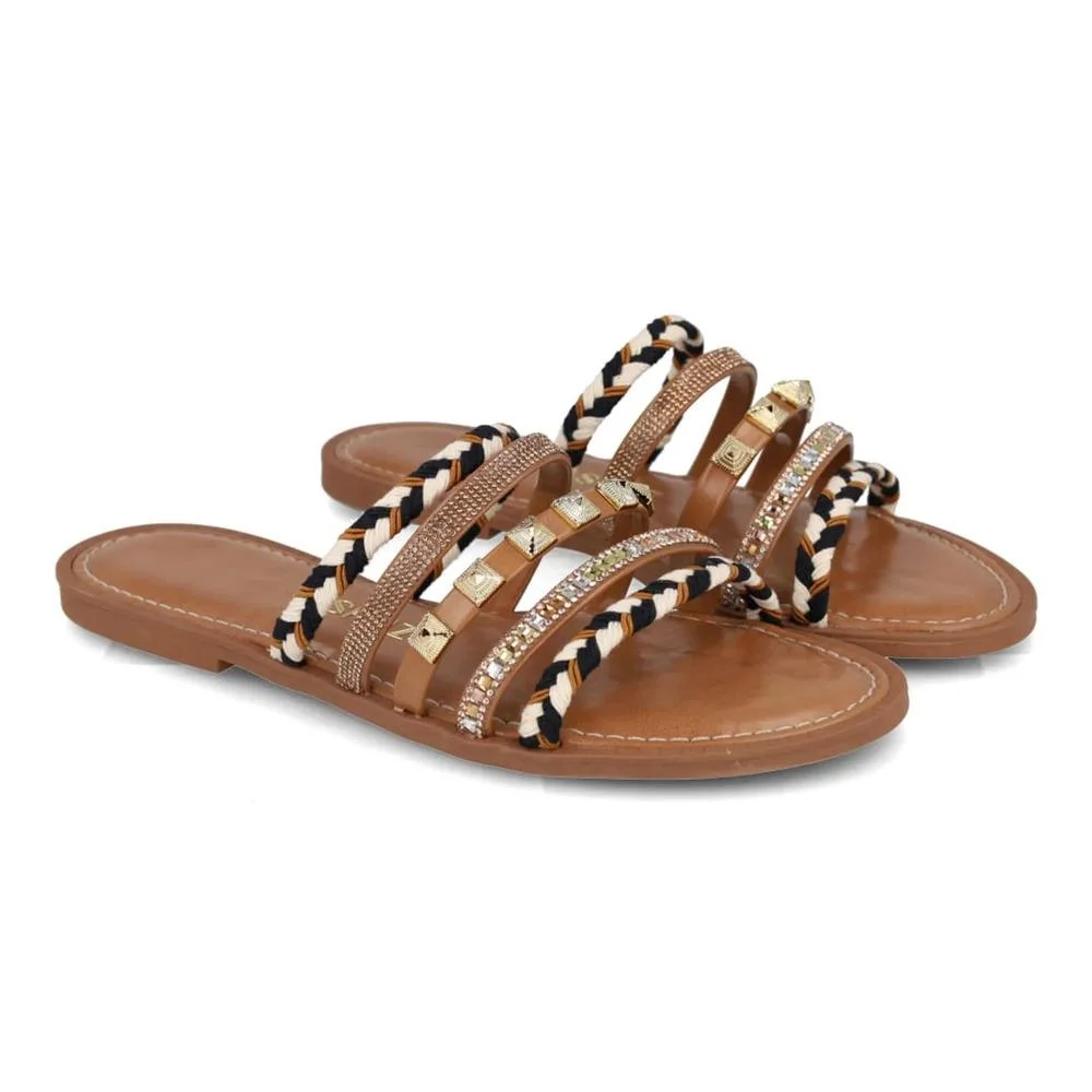 Sandália M Shuz Rasteira Decorada Feminina Marrom 2