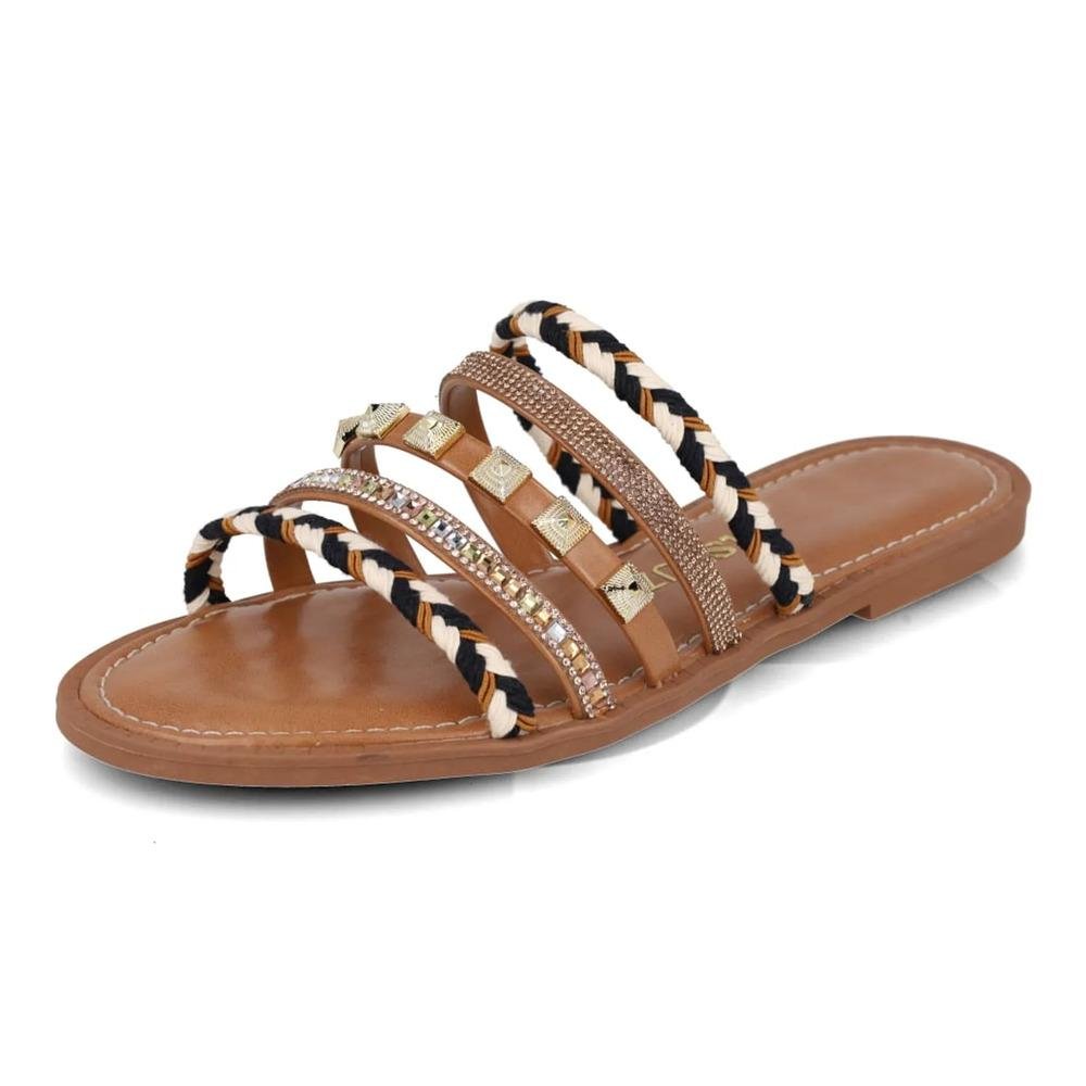 Sandália M Shuz Rasteira Decorada Feminina Marrom 4