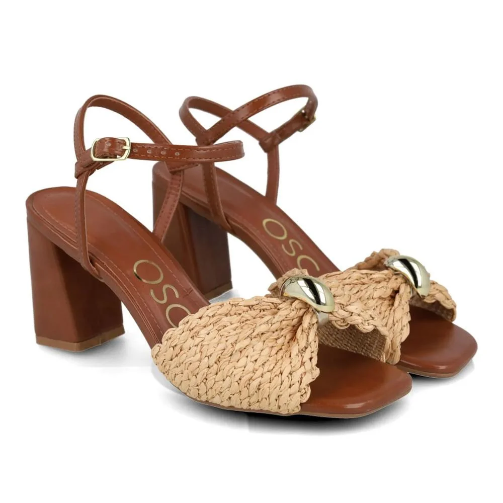 Sandália Osc Salto Bloco Tira Trançada Feminina Marrom/Bege 4