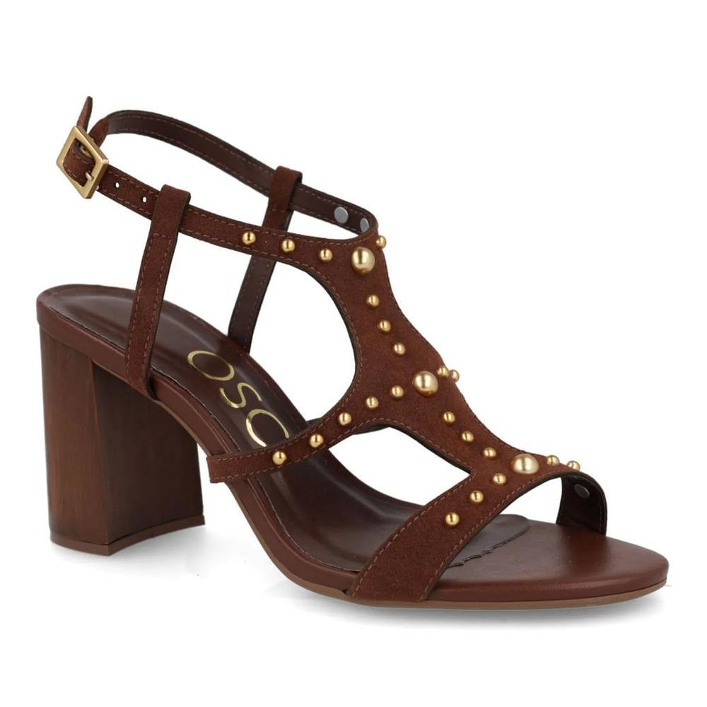 Sandália Osc Salto Bloco Apliques Metálicos Feminina Marrom 3