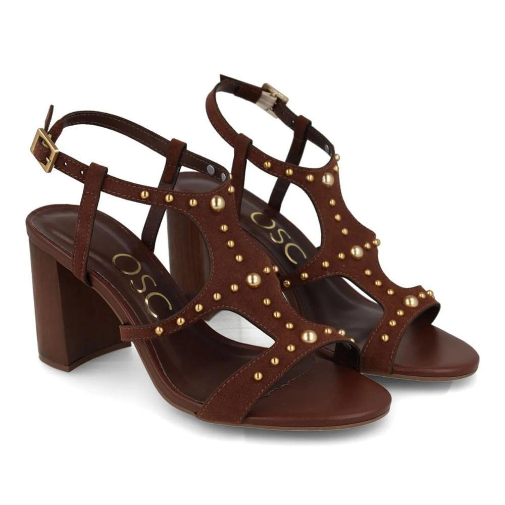 Sandália Osc Salto Bloco Apliques Metálicos Feminina Marrom 4