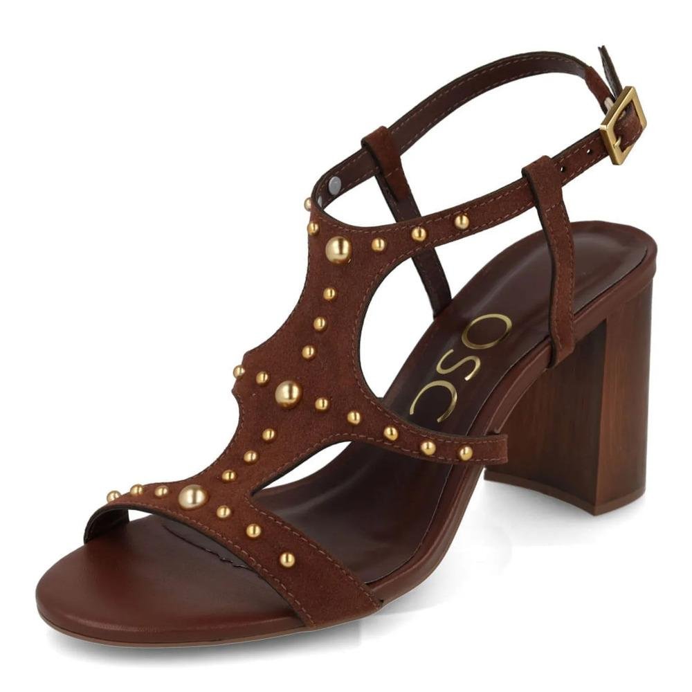 Sandália Osc Salto Bloco Apliques Metálicos Feminina Marrom 5