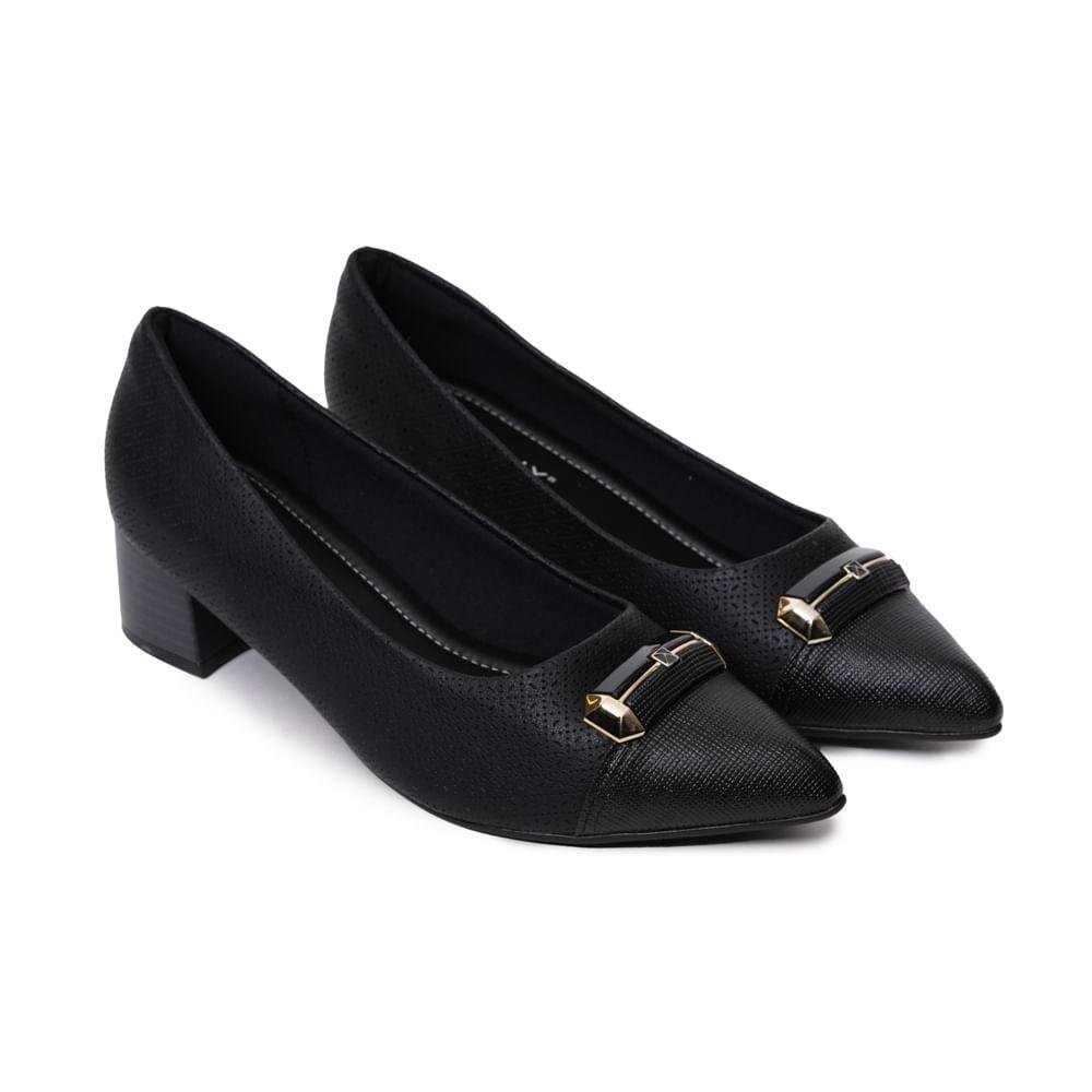 Sapato Piccadilly Salto Grosso Fivela Feminino Preto 4