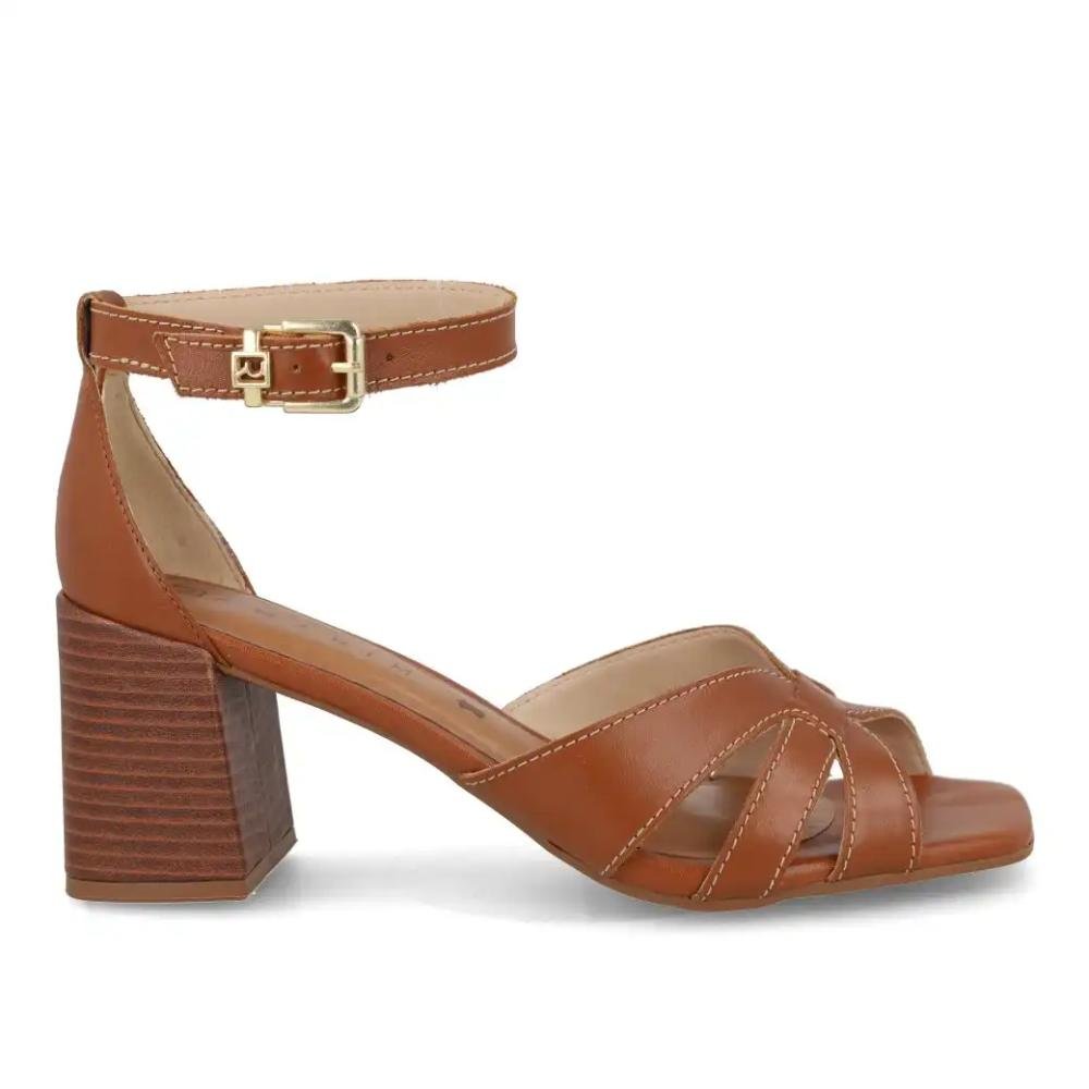 Sandália Ramarim Couro Salto Bloco Feminina