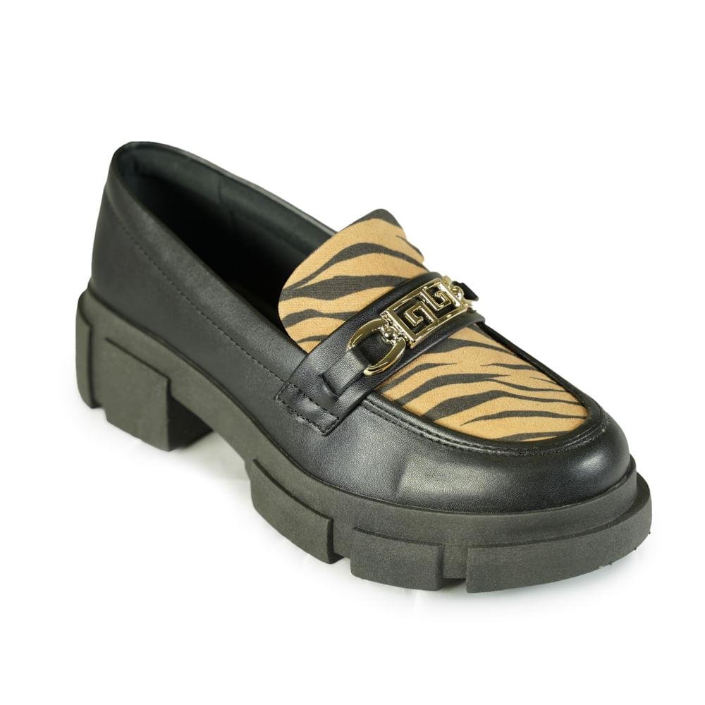 Sapato Mocassim Quiz Fivela Feminino Preto/Animal Print 3