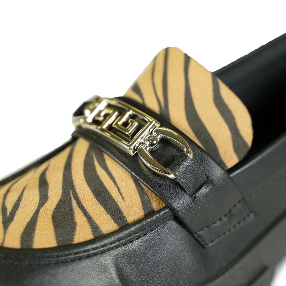 Sapato Mocassim Quiz Fivela Feminino Preto/Animal Print 6