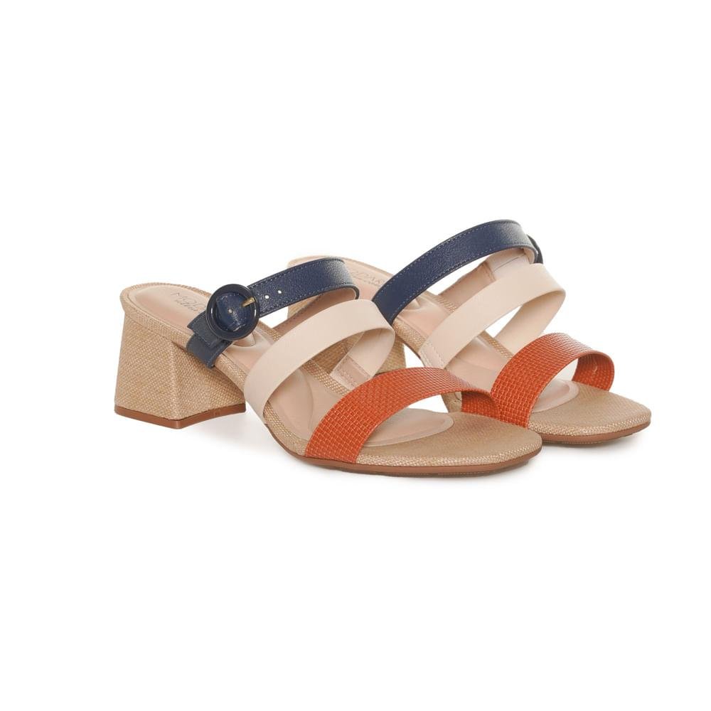 Tamanco Feminino Tiras Salto Bloco Modare Bege/Azul Marinho 5