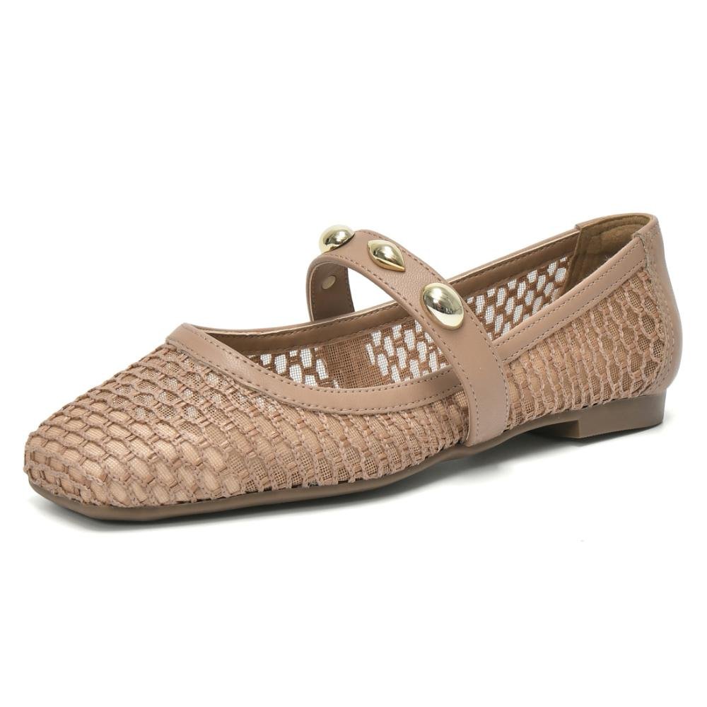 Sapatilha Mary Jane Via Marte Ornamentada Tela Feminina Bege 5