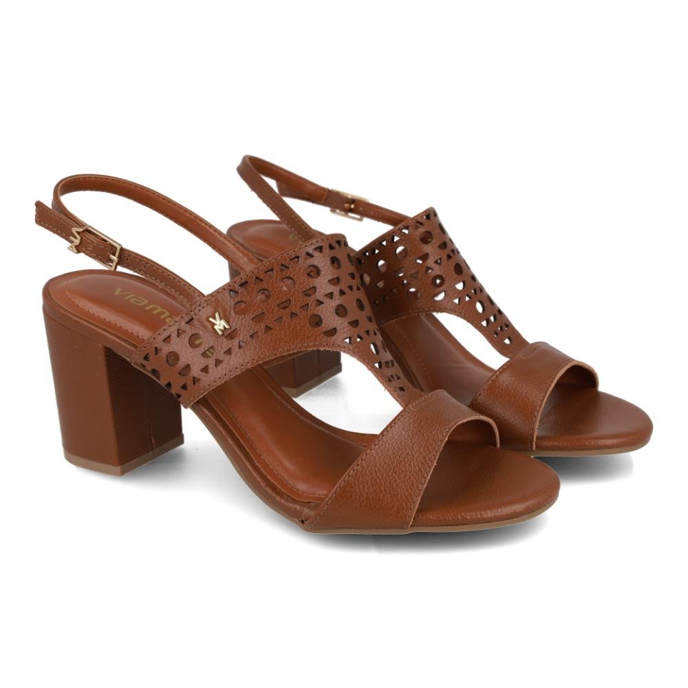 Sandália Feminina Via Marte Salto Bloco Couro Laser Cut Marrom 5