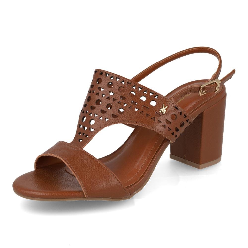 Sandália Feminina Via Marte Salto Bloco Couro Laser Cut Marrom 7