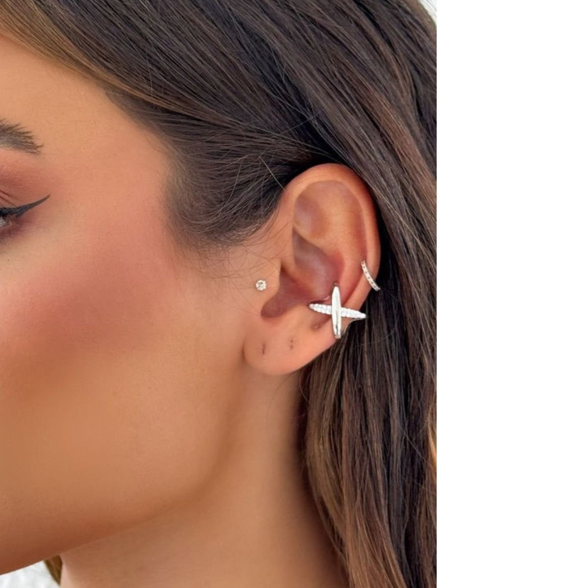 Piercing Folheado Prata Design X Liso e Com Micro Zirconia Prata 2