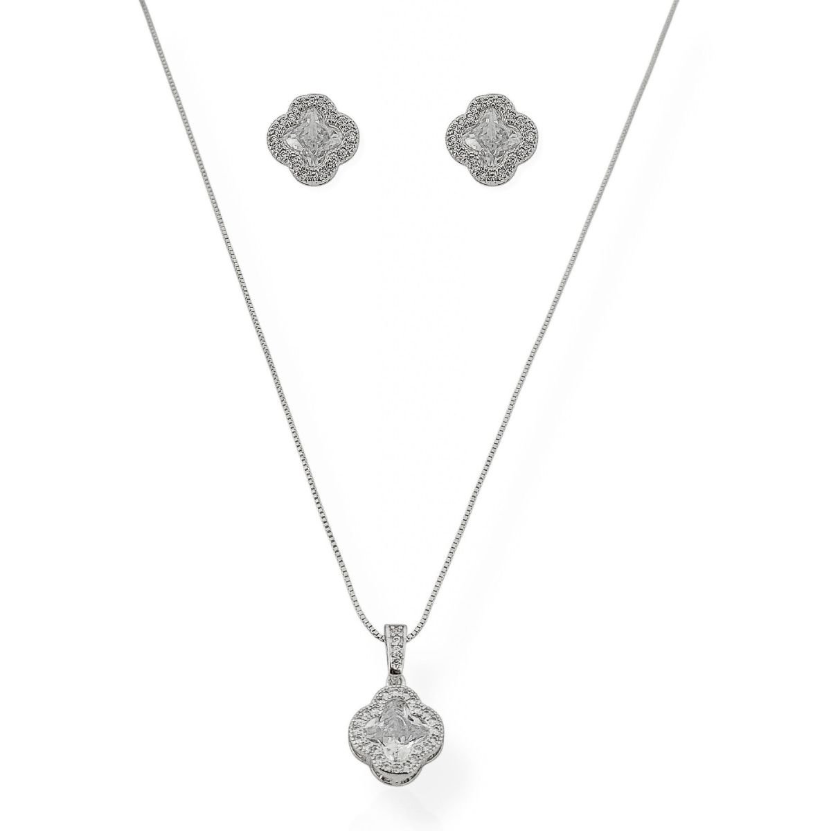 Conjunto Feminino Colar e Brinco Folheado a Prata Inspiração Vg. Trabalhado na Zirconia Prata 1