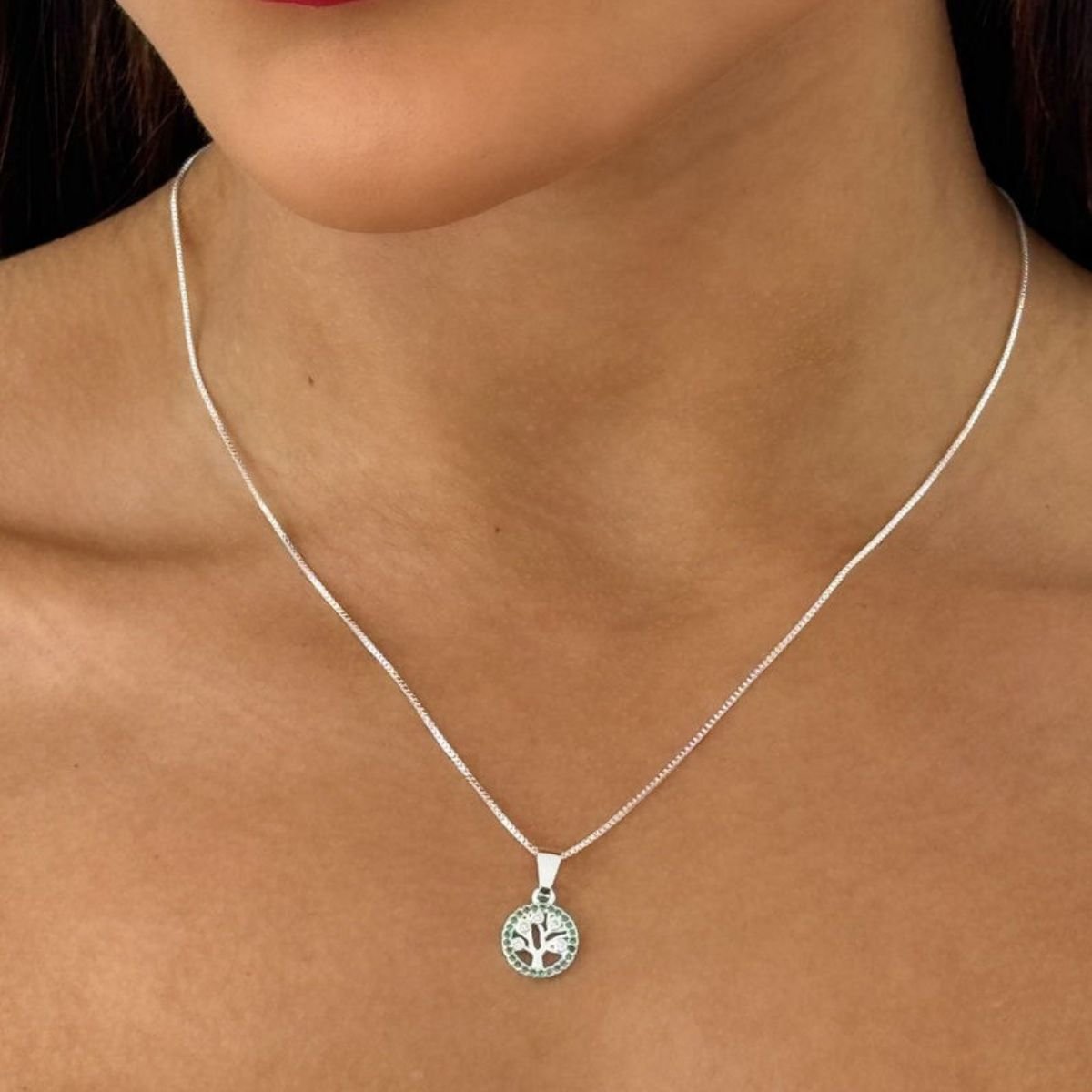 Colar Folheado Prata Árvore com Pontos de Luz Com Borda Verde - Prata Prata 2